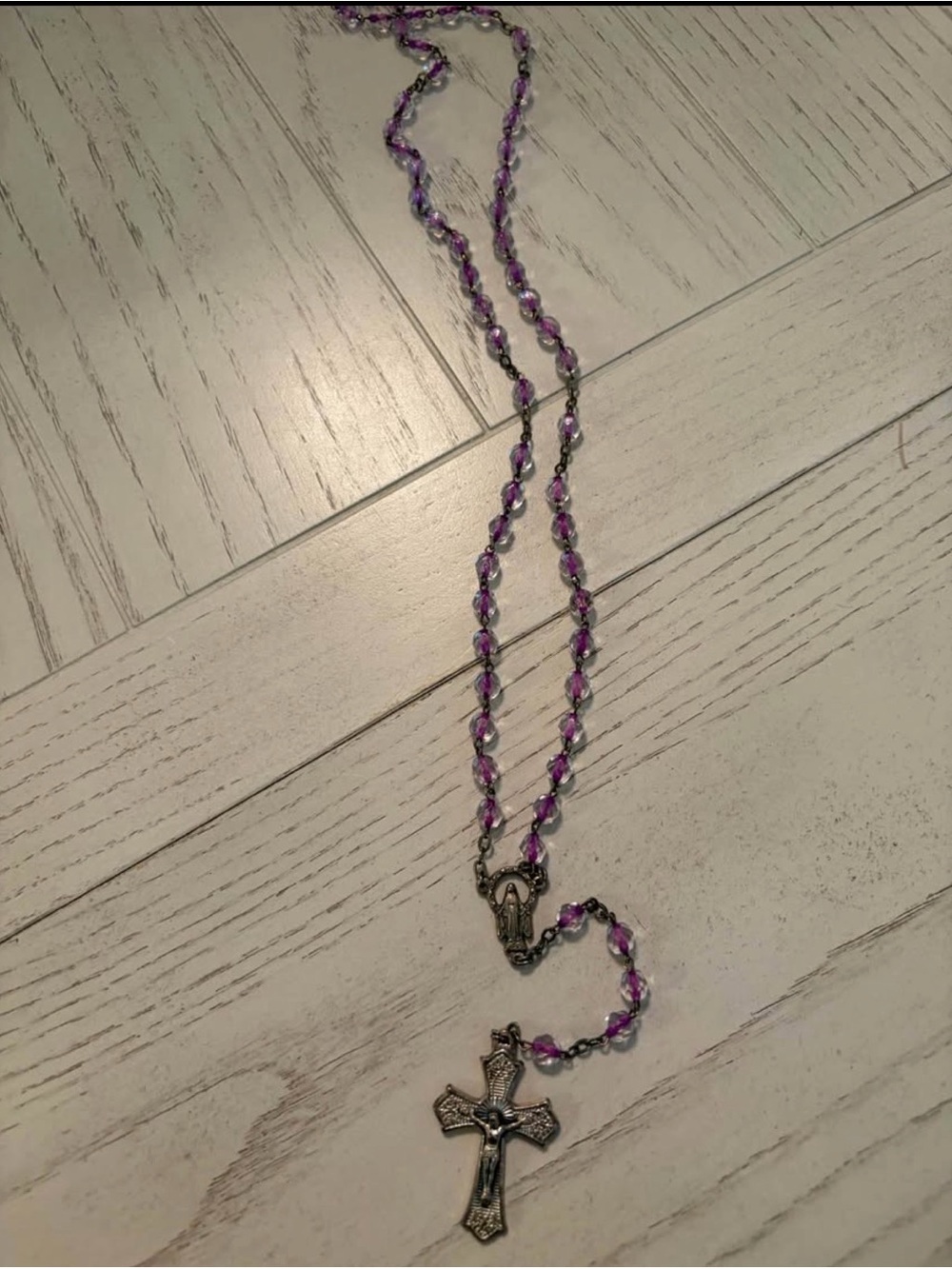 Purple Bead Rosary Necklace with Cross Pendant